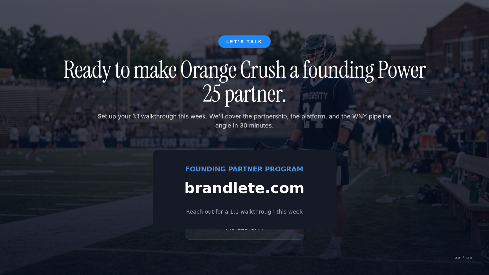 Slide 9 — Let's Talk: Ready to make Orange Crush a founding Power 25 partner.